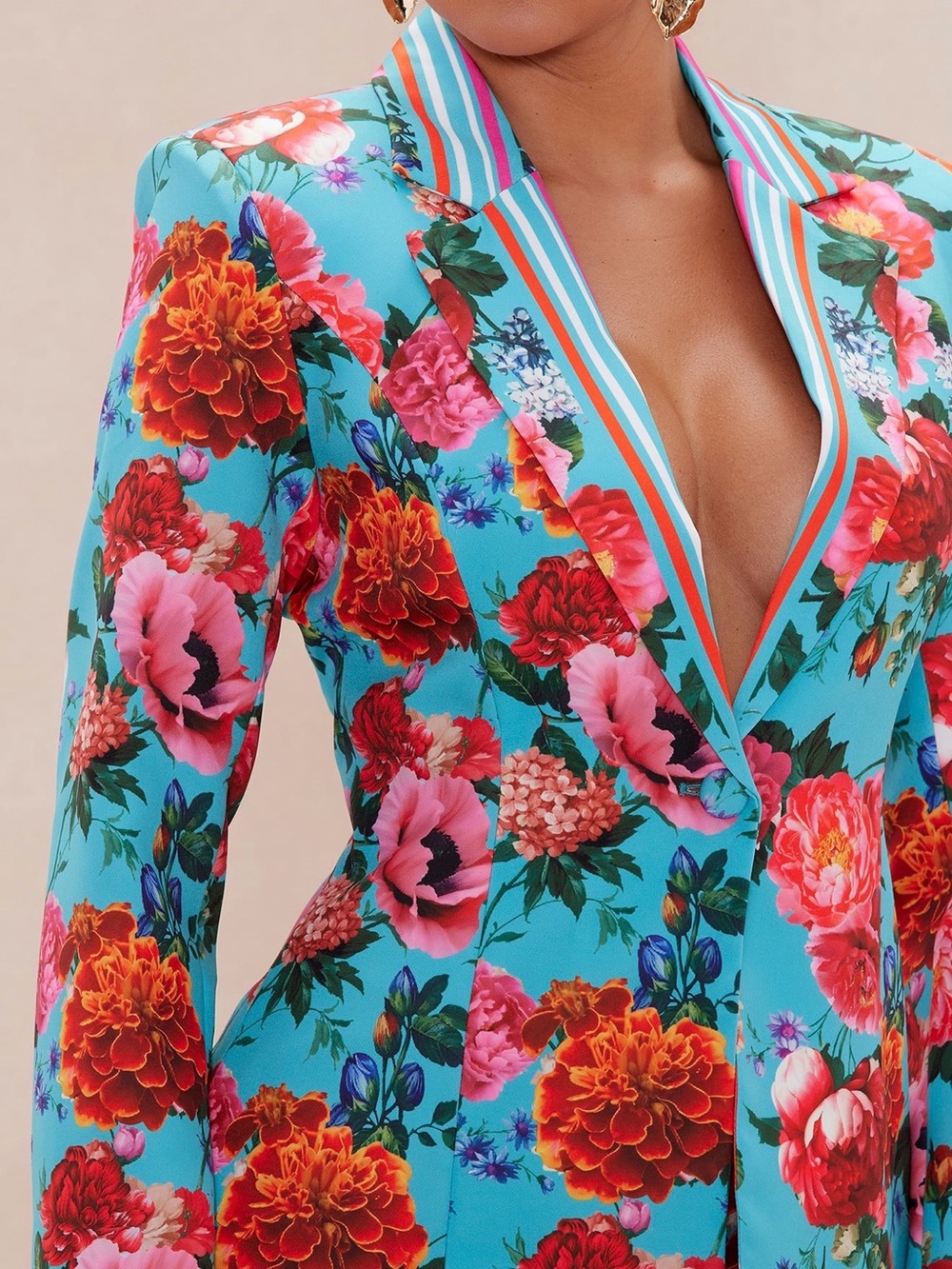 Fashion Nova Turquoise Floral Pantsuit with Pink & Red Blooms - Picture 3 of 4
